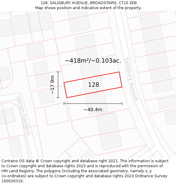 128, SALISBURY AVENUE, BROADSTAIRS, CT10 2EB: Plot and title map