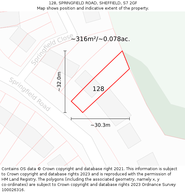 128, SPRINGFIELD ROAD, SHEFFIELD, S7 2GF: Plot and title map