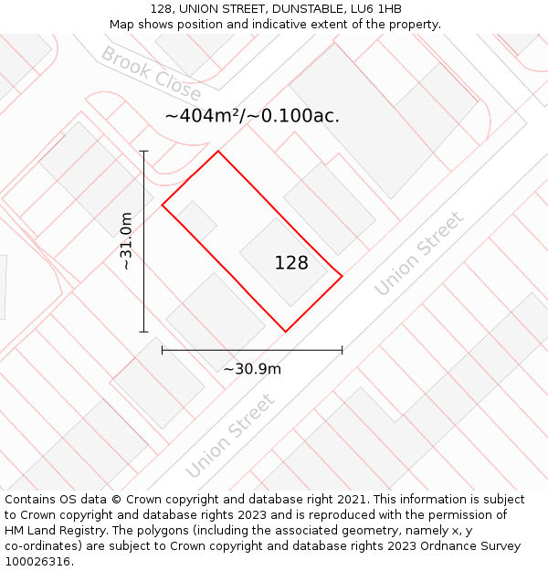 128, UNION STREET, DUNSTABLE, LU6 1HB: Plot and title map