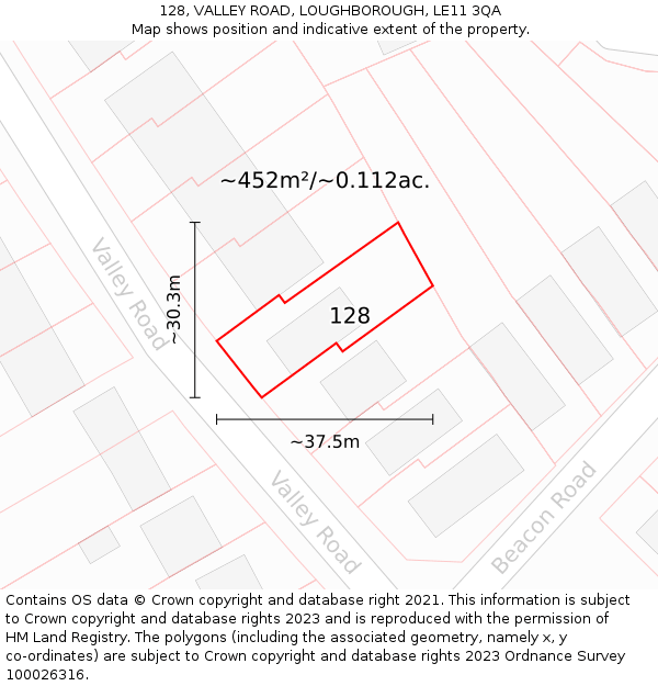 128, VALLEY ROAD, LOUGHBOROUGH, LE11 3QA: Plot and title map