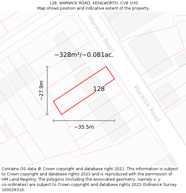 128, WARWICK ROAD, KENILWORTH, CV8 1HS: Plot and title map