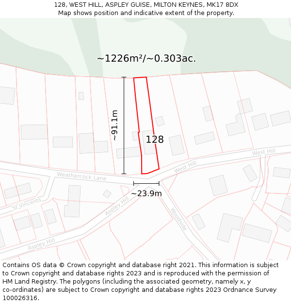 128, WEST HILL, ASPLEY GUISE, MILTON KEYNES, MK17 8DX: Plot and title map