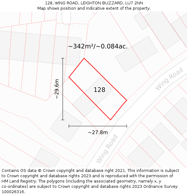 128, WING ROAD, LEIGHTON BUZZARD, LU7 2NN: Plot and title map