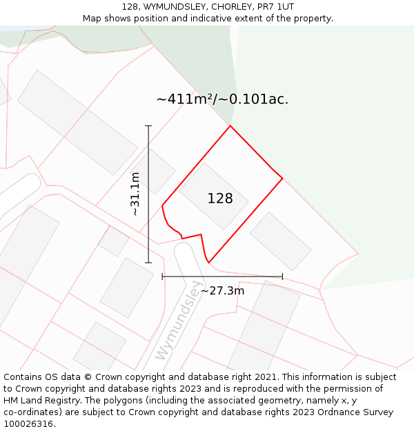 128, WYMUNDSLEY, CHORLEY, PR7 1UT: Plot and title map