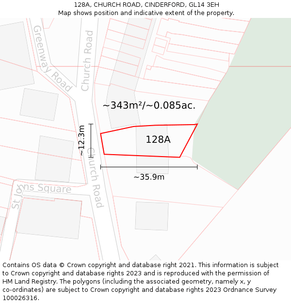 128A, CHURCH ROAD, CINDERFORD, GL14 3EH: Plot and title map