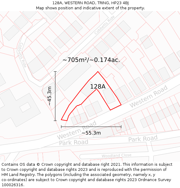 128A, WESTERN ROAD, TRING, HP23 4BJ: Plot and title map