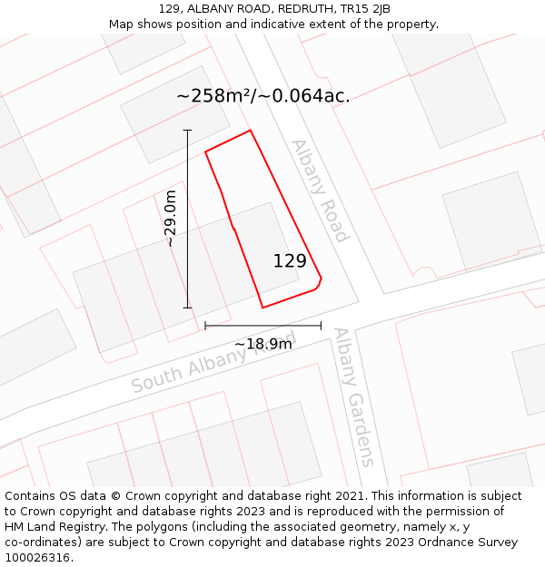 129, ALBANY ROAD, REDRUTH, TR15 2JB: Plot and title map