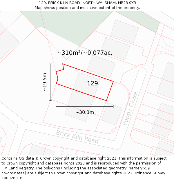 129, BRICK KILN ROAD, NORTH WALSHAM, NR28 9XR: Plot and title map