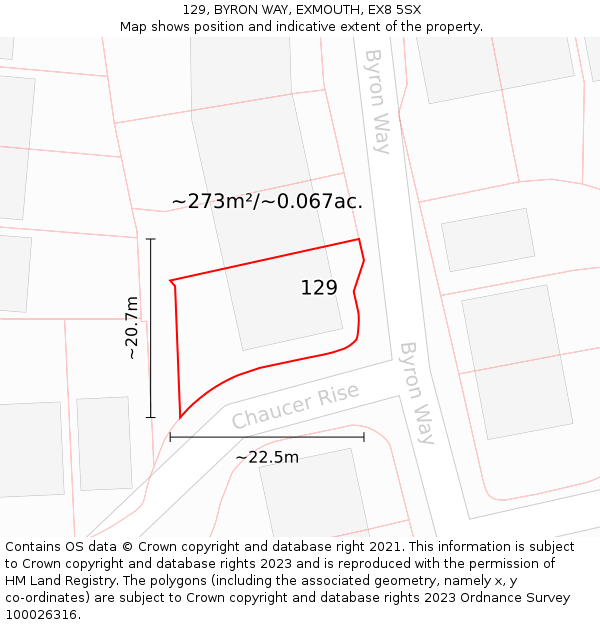 129, BYRON WAY, EXMOUTH, EX8 5SX: Plot and title map