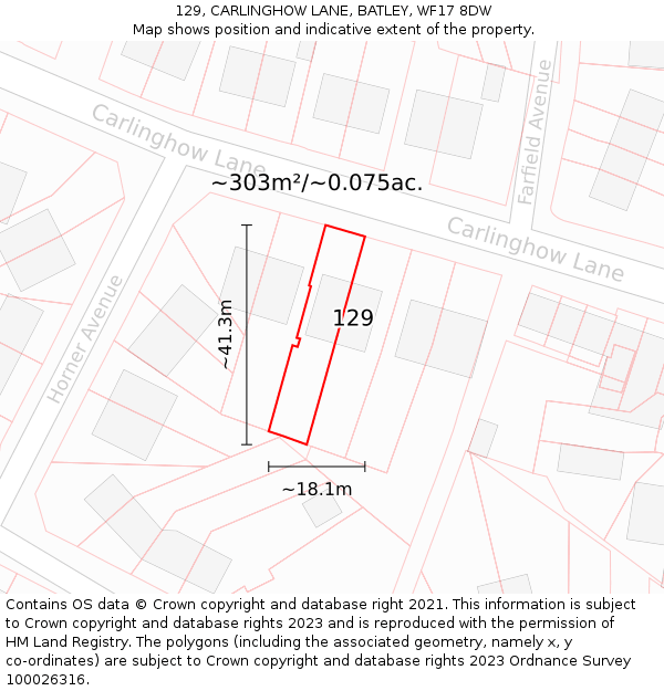 129, CARLINGHOW LANE, BATLEY, WF17 8DW: Plot and title map