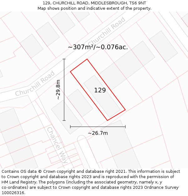 129, CHURCHILL ROAD, MIDDLESBROUGH, TS6 9NT: Plot and title map