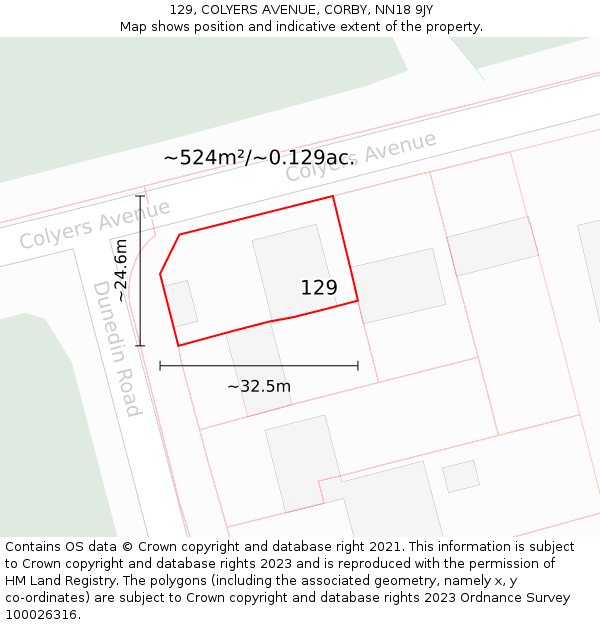 129, COLYERS AVENUE, CORBY, NN18 9JY: Plot and title map