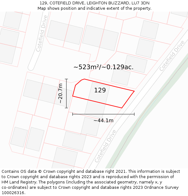 129, COTEFIELD DRIVE, LEIGHTON BUZZARD, LU7 3DN: Plot and title map