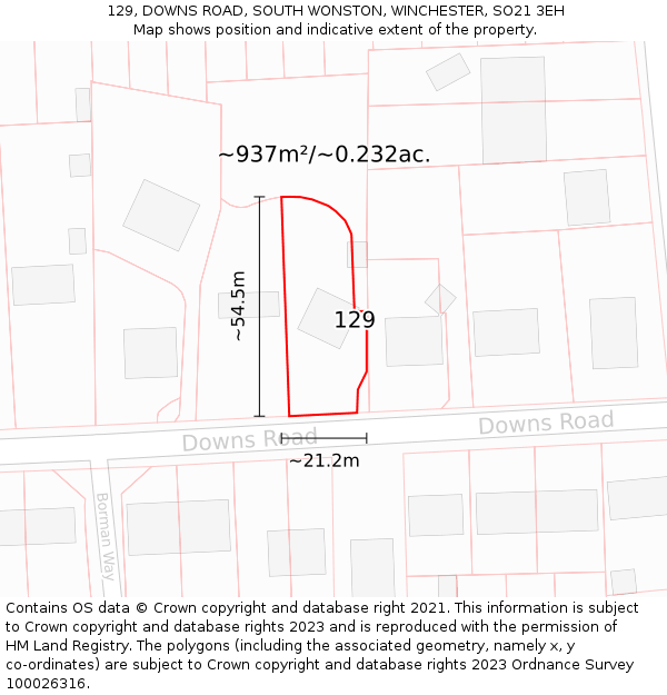 129, DOWNS ROAD, SOUTH WONSTON, WINCHESTER, SO21 3EH: Plot and title map