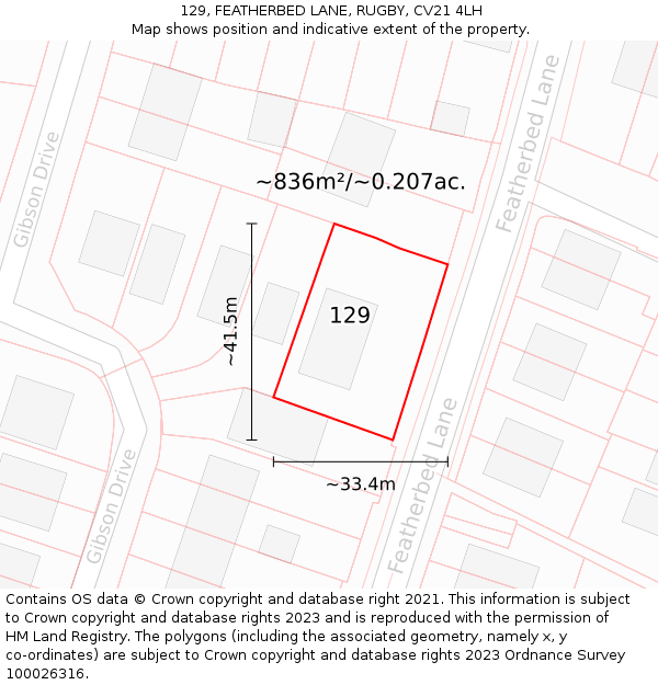 129, FEATHERBED LANE, RUGBY, CV21 4LH: Plot and title map