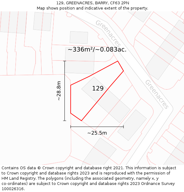 129, GREENACRES, BARRY, CF63 2PN: Plot and title map