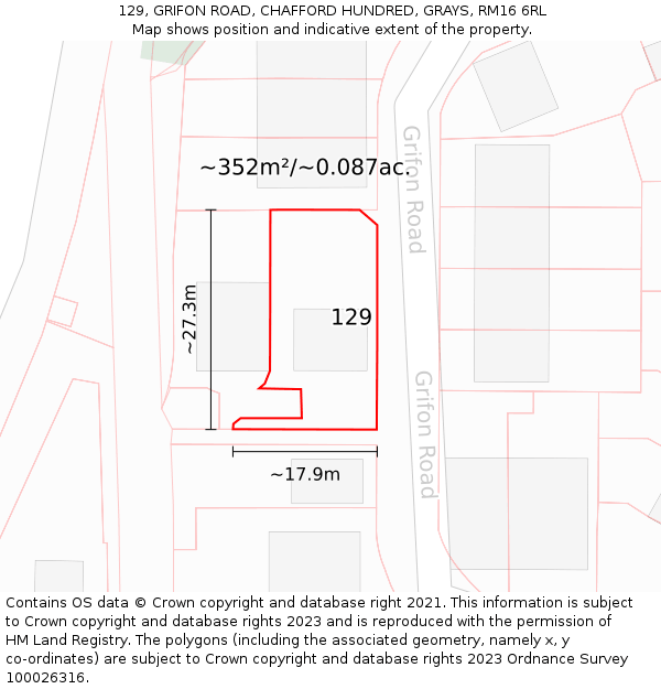 129, GRIFON ROAD, CHAFFORD HUNDRED, GRAYS, RM16 6RL: Plot and title map