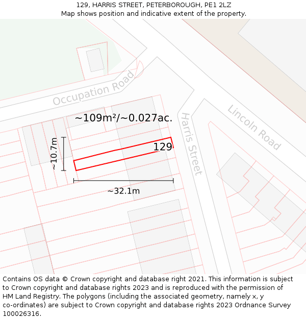 129, HARRIS STREET, PETERBOROUGH, PE1 2LZ: Plot and title map