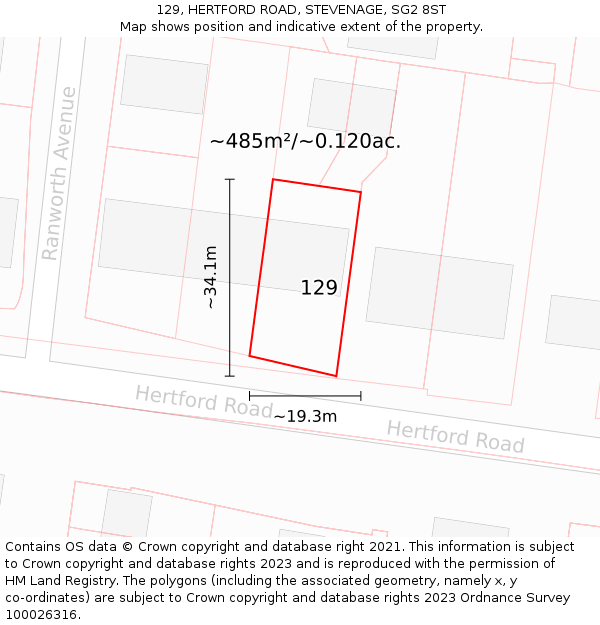 129, HERTFORD ROAD, STEVENAGE, SG2 8ST: Plot and title map