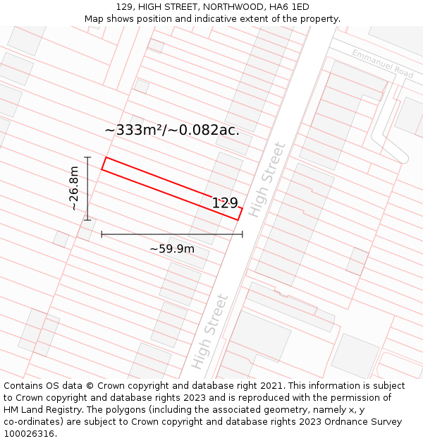 129, HIGH STREET, NORTHWOOD, HA6 1ED: Plot and title map