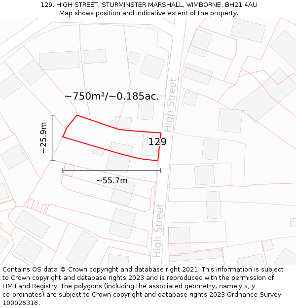 129, HIGH STREET, STURMINSTER MARSHALL, WIMBORNE, BH21 4AU: Plot and title map