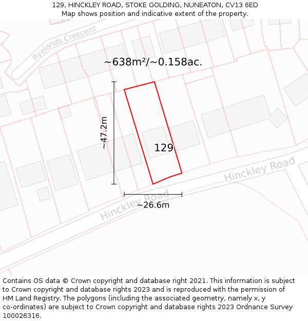 129, HINCKLEY ROAD, STOKE GOLDING, NUNEATON, CV13 6ED: Plot and title map