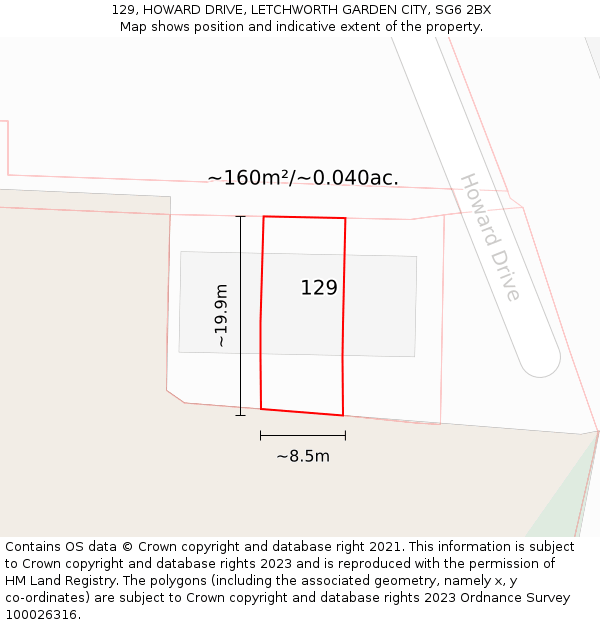 129, HOWARD DRIVE, LETCHWORTH GARDEN CITY, SG6 2BX: Plot and title map