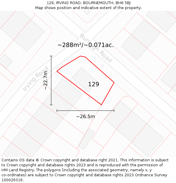 129, IRVING ROAD, BOURNEMOUTH, BH6 5BJ: Plot and title map