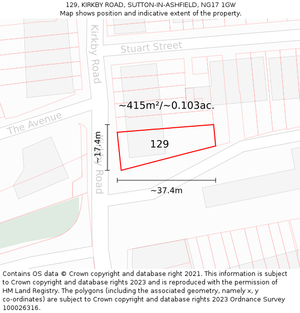 129, KIRKBY ROAD, SUTTON-IN-ASHFIELD, NG17 1GW: Plot and title map