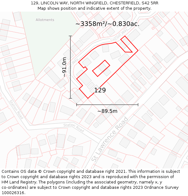 129, LINCOLN WAY, NORTH WINGFIELD, CHESTERFIELD, S42 5RR: Plot and title map