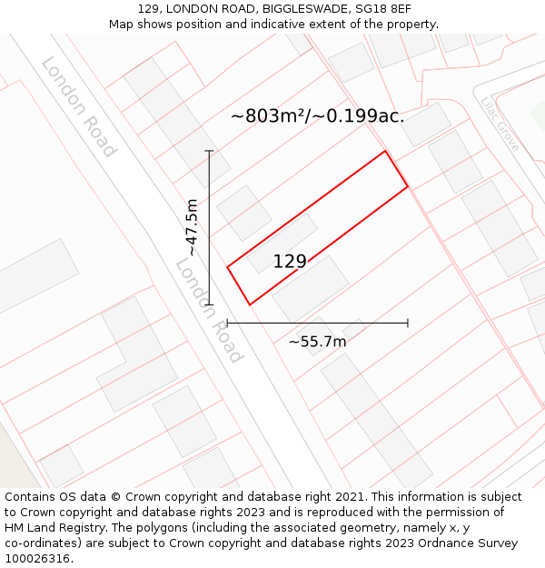 129, LONDON ROAD, BIGGLESWADE, SG18 8EF: Plot and title map