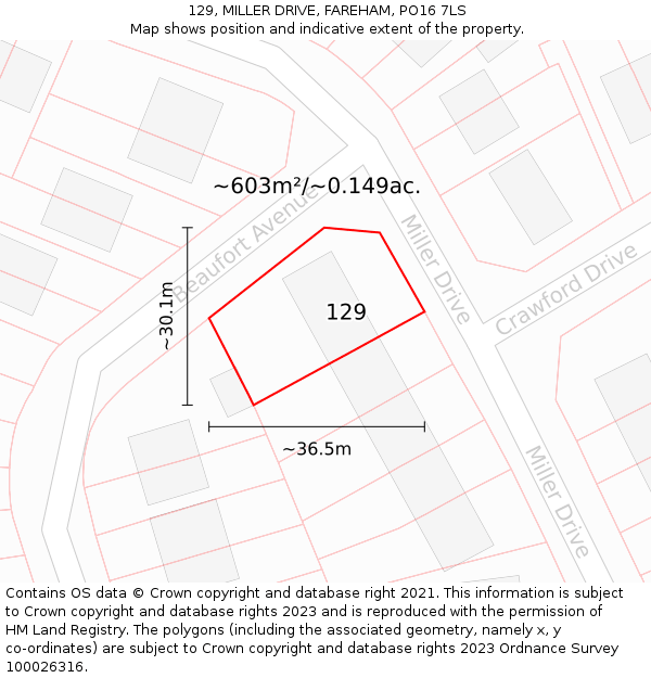 129, MILLER DRIVE, FAREHAM, PO16 7LS: Plot and title map