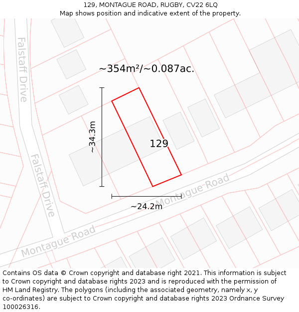 129, MONTAGUE ROAD, RUGBY, CV22 6LQ: Plot and title map