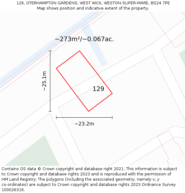 129, OTERHAMPTON GARDENS, WEST WICK, WESTON-SUPER-MARE, BS24 7PE: Plot and title map