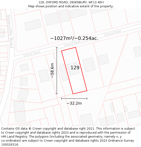 129, OXFORD ROAD, DEWSBURY, WF13 4EH: Plot and title map