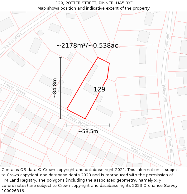 129, POTTER STREET, PINNER, HA5 3XF: Plot and title map