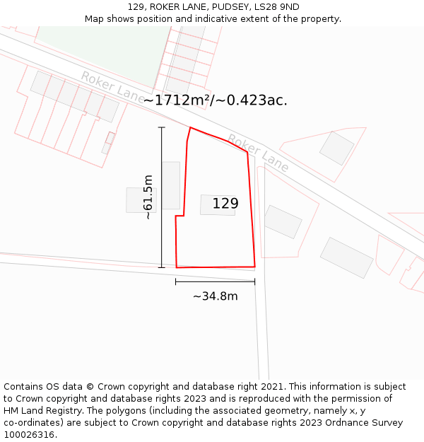 129, ROKER LANE, PUDSEY, LS28 9ND: Plot and title map