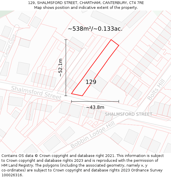 129, SHALMSFORD STREET, CHARTHAM, CANTERBURY, CT4 7RE: Plot and title map