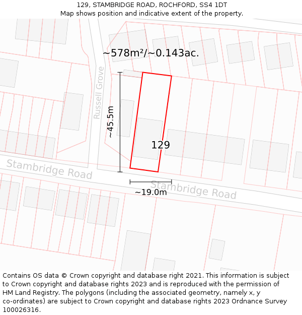 129, STAMBRIDGE ROAD, ROCHFORD, SS4 1DT: Plot and title map