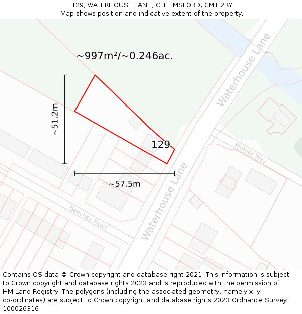 129, WATERHOUSE LANE, CHELMSFORD, CM1 2RY: Plot and title map