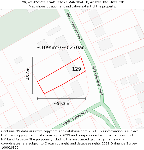 129, WENDOVER ROAD, STOKE MANDEVILLE, AYLESBURY, HP22 5TD: Plot and title map