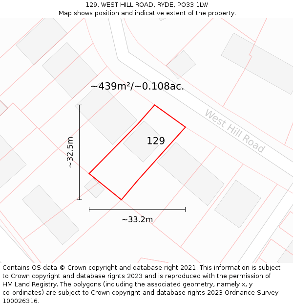 129, WEST HILL ROAD, RYDE, PO33 1LW: Plot and title map