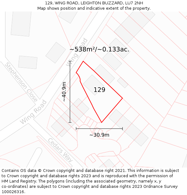 129, WING ROAD, LEIGHTON BUZZARD, LU7 2NH: Plot and title map