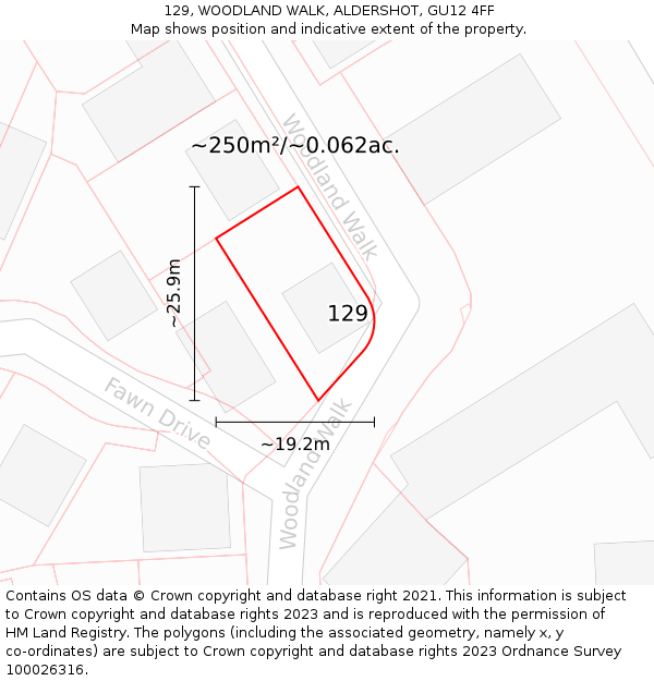 129, WOODLAND WALK, ALDERSHOT, GU12 4FF: Plot and title map