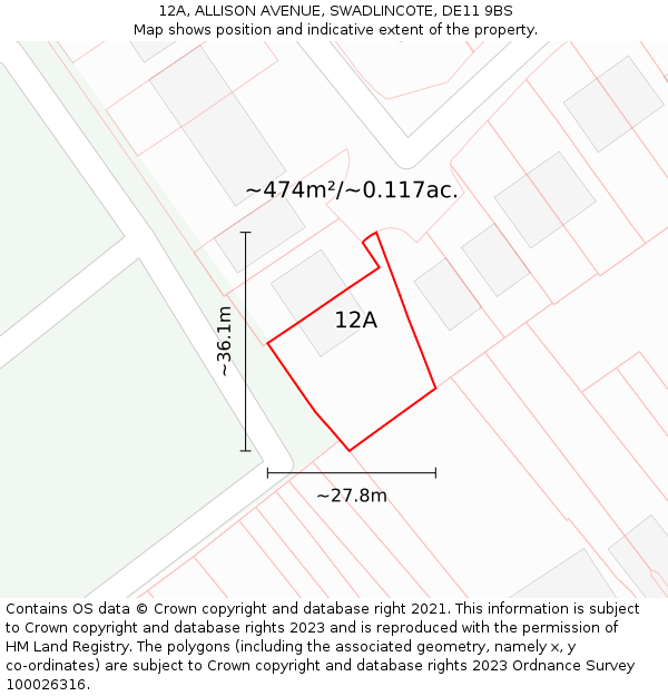 12A, ALLISON AVENUE, SWADLINCOTE, DE11 9BS: Plot and title map