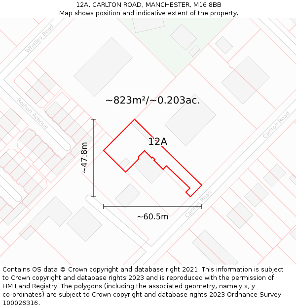 12A, CARLTON ROAD, MANCHESTER, M16 8BB: Plot and title map