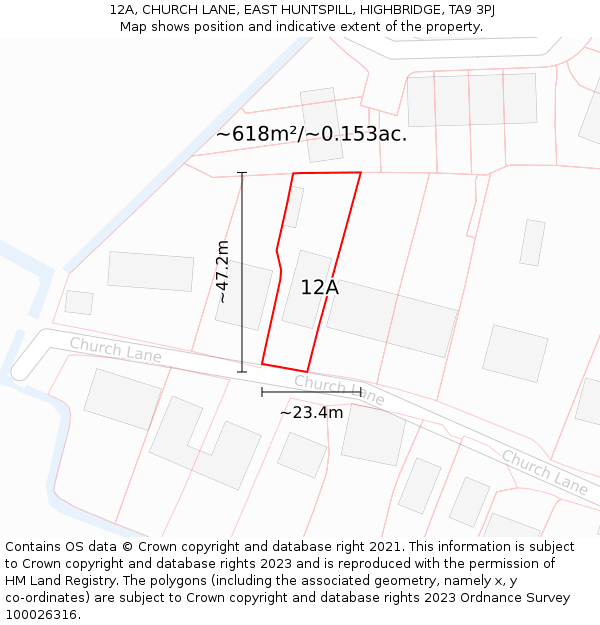 12A, CHURCH LANE, EAST HUNTSPILL, HIGHBRIDGE, TA9 3PJ: Plot and title map