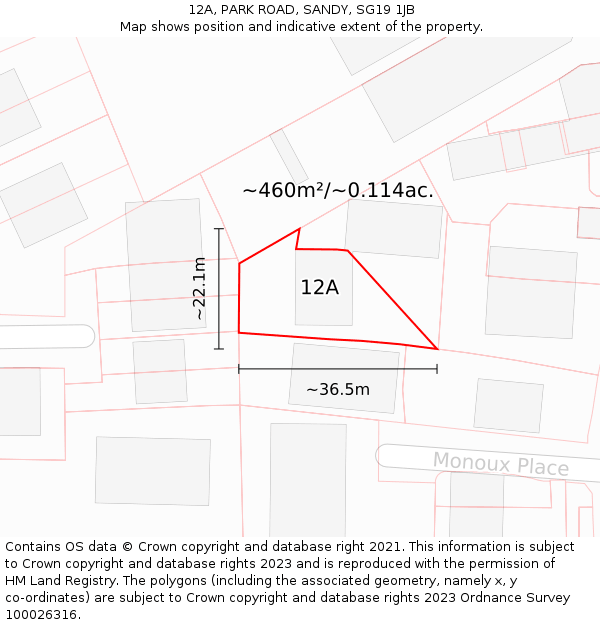 12A, PARK ROAD, SANDY, SG19 1JB: Plot and title map