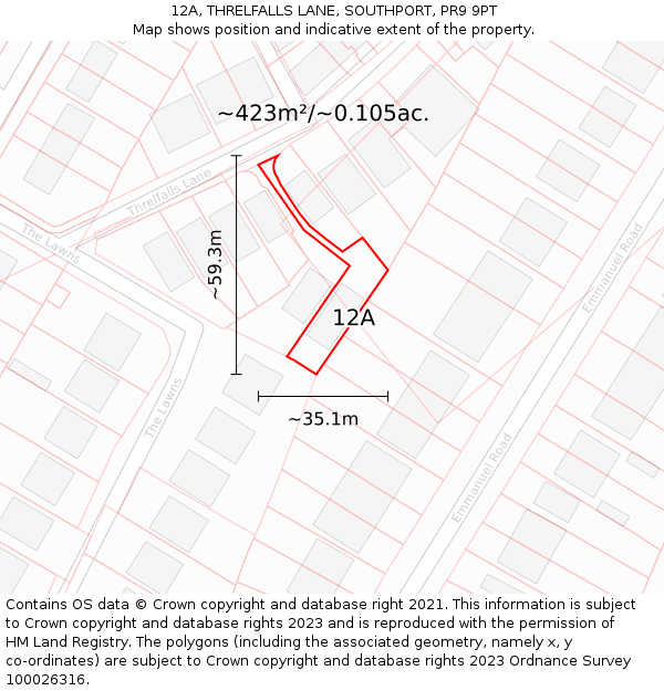 12A, THRELFALLS LANE, SOUTHPORT, PR9 9PT: Plot and title map
