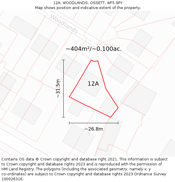 12A, WOODLANDS, OSSETT, WF5 9PY: Plot and title map